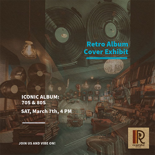 a events poster, room filled with vinyl and viny dark overly.