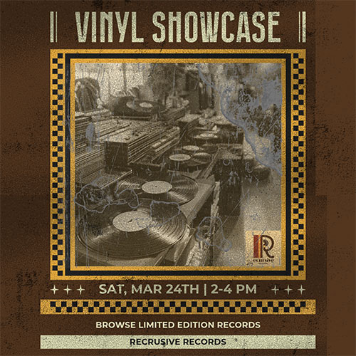 poster for events, dark brown  with a square center shoing three vinyl players in black and white