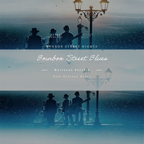 A vinyl cover in blue and white tones, featuring three silhouettes playing instruments under a night lamp.