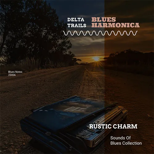Album cover for Delta Trails - Blues Harmonica, featuring a harmonica on a rustic road during sunset.